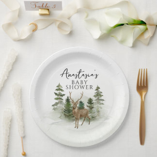 Oh Baby Woodland Watercolor Rustic Baby Shower Paper Plate