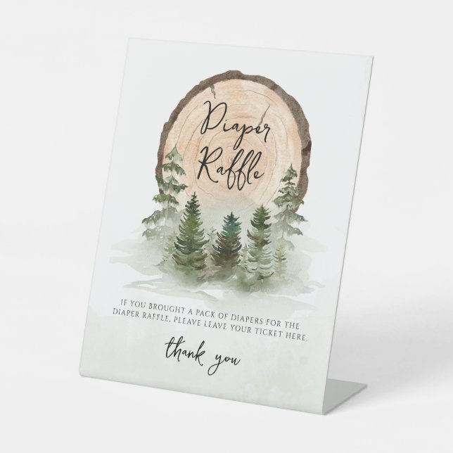 Oh Baby Woodland Watercolor Rustic Diaper Raffle Pedestal Sign (Front)