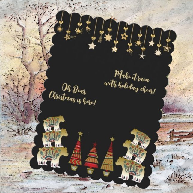 Oh Bear Christmas is Here Sparkling Gold Pine Tree Holiday Card (Creator Uploaded)
