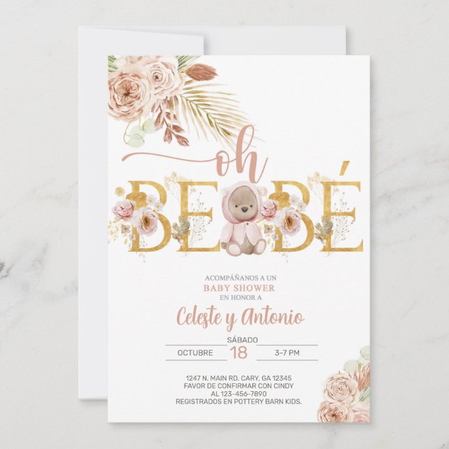 Oh bebé boho bear girl baby shower invite Spanish. (Front)