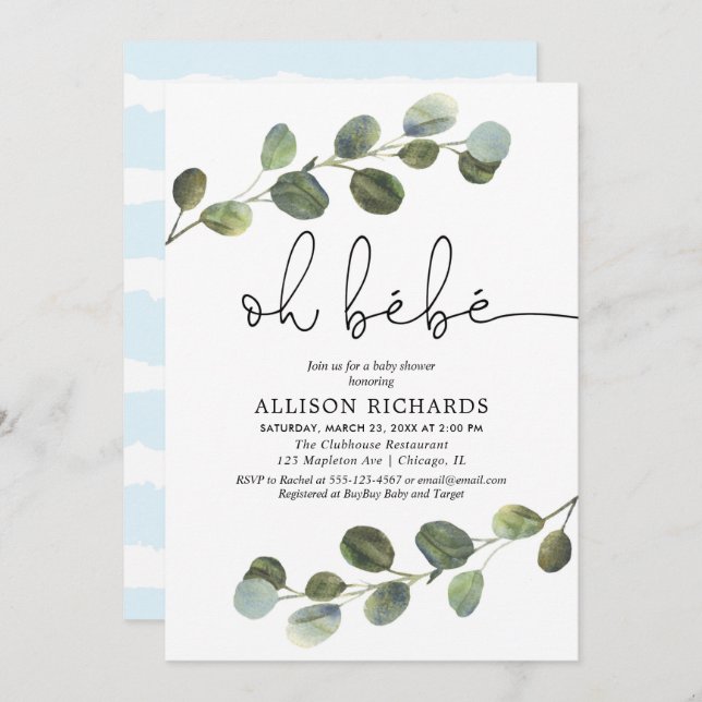 Oh bebe French theme blue black white boy baby Invitation (Front/Back)