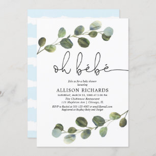 Oh bebe French theme blue black white boy baby Invitation