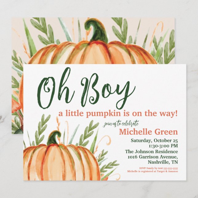Oh Boy a Little Pumpkin is on the Way Baby Shower Invitation (Front/Back)