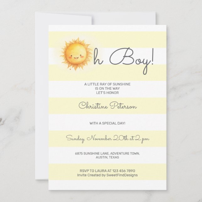 Oh Boy A Little Ray of Sunshine Baby Shower Invitation (Front)