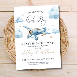 Oh Boy! Adventure Awaits Aeroplane Boy Baby Shower Invitation