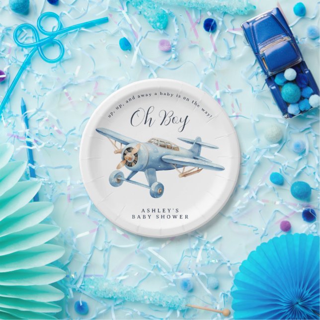 Oh Boy! Adventure Awaits Airplane Boy Baby Shower Paper Plate (Party)