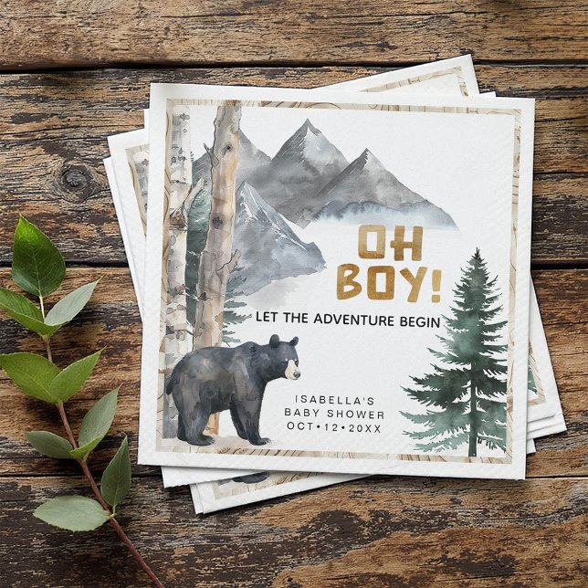 Oh Boy Adventure Begin | Bear & Birch Baby Shower  Napkin (Creator Uploaded)