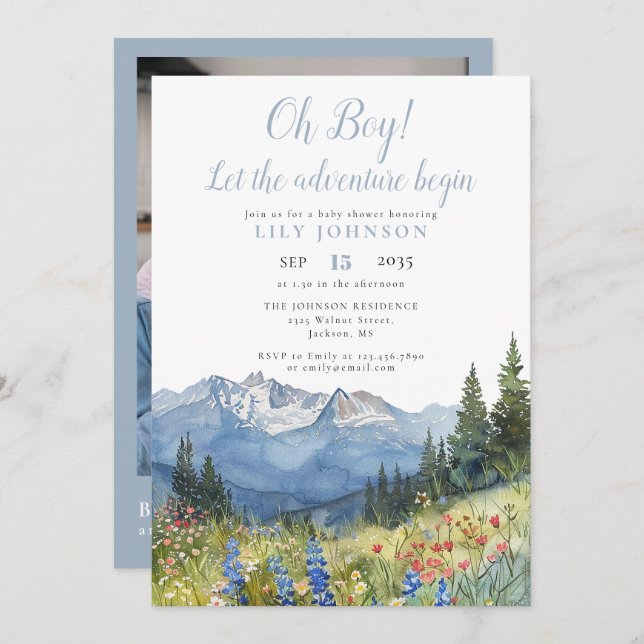 Oh Boy Adventure Begin Photo QR Code Baby Shower Invitation (Front/Back)