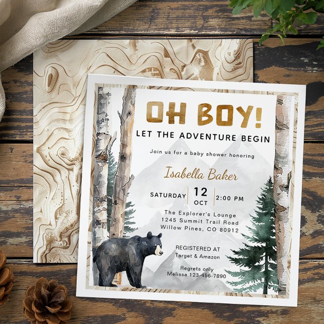 Oh Boy Adventure Begin | Square Bear Baby Shower Invitation (Baby Shower Invite)