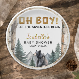 Oh Boy Adventure Begin   Woodland Bear Baby Shower Paper Plate