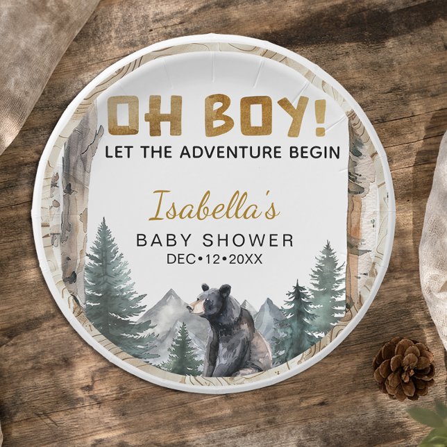 Oh Boy Adventure Begin | Woodland Bear Baby Shower Paper Plate (Baby Shower Paper Plates)