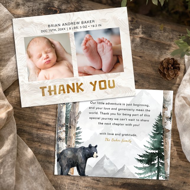 Oh Boy Adventure Begin | Woodland Bear Baby Shower Thank You Card (Two Photo Thank You Card)