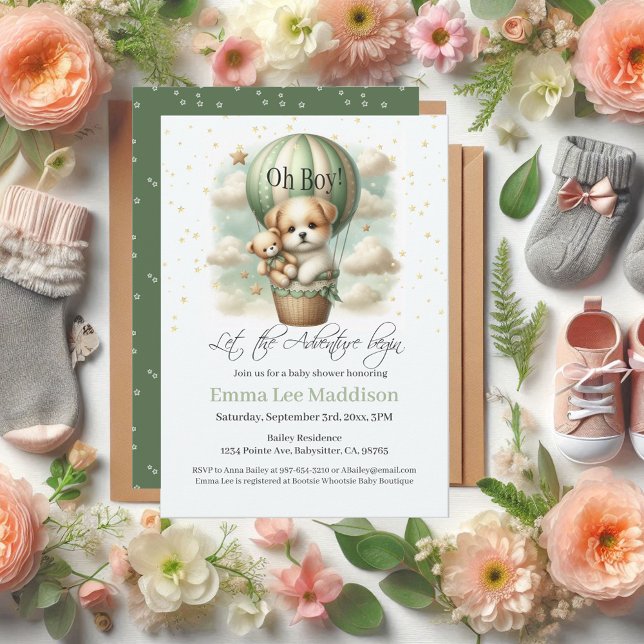 Oh Boy Adventure Puppy Hot Air Balloon Baby Shower Invitation (Creator Uploaded)