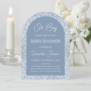 Oh Boy Arch Blue Floral Pattern Script Baby Shower Invitation