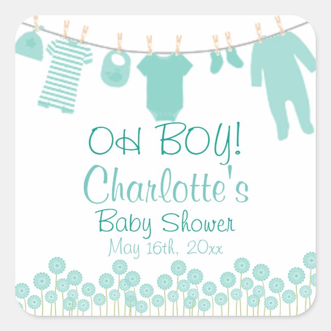 OH BOY! Baby Clothesline Baby Shower Square Sticker (Front)