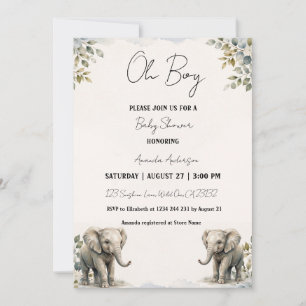 Oh Boy Baby Elephant Watercolor Baby Shower Invitation