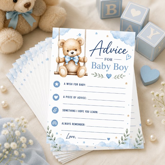 Oh Boy Baby Shower Advice Card (Teddy bear baby shower advice cards for collecting wishes and memories.)