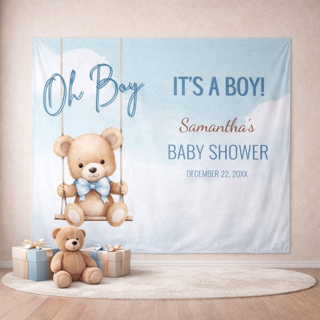 Oh Boy Baby Shower Bear Backdrop Tapestry (Close-up of teddy bear baby shower backdrop showing name and event details)