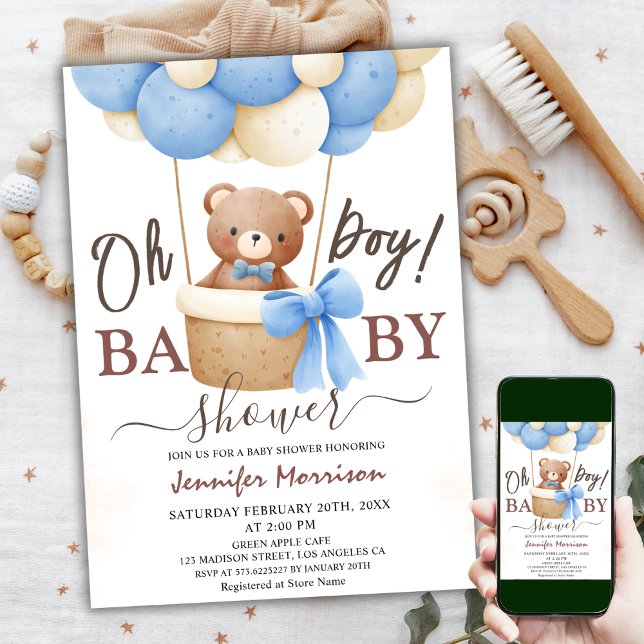 Oh Boy | Baby Shower Blue Balloon Cute Teddy Bear  Invitation (Creator Uploaded)