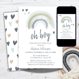Oh Boy Baby Shower Blue Boho Rainbow Invitation