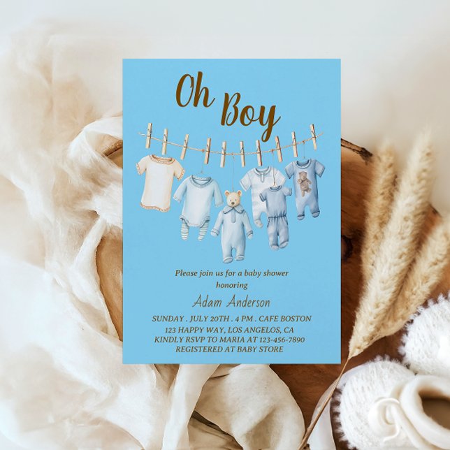 Oh Boy Baby Shower | Blue Clothesline Theme  Invitation (Creator Uploaded)