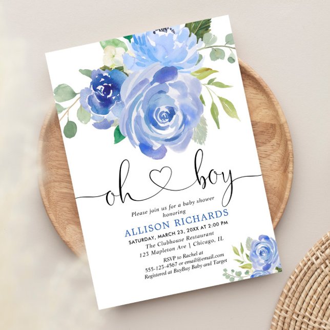 Oh Boy baby shower blue floral watercolors Invitation (Creator Uploaded)