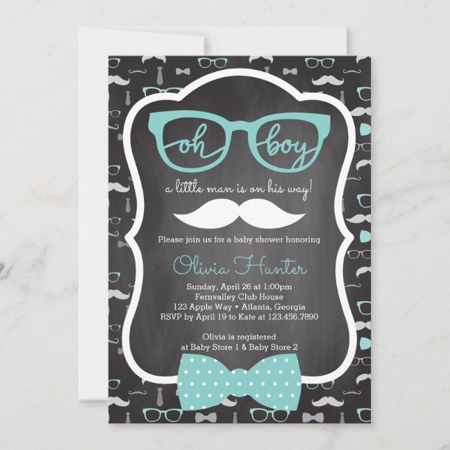 Oh Boy Baby Shower Invitation, Blue, Grey Invitation (Front)