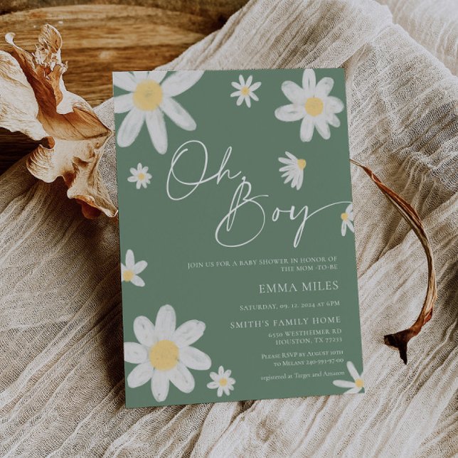 Oh Boy Baby Shower Invitation Daisy Sage Green (Creator Uploaded)