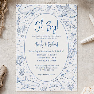 Oh Boy Baby Shower Ocean Animal Minimalist Marine Invitation