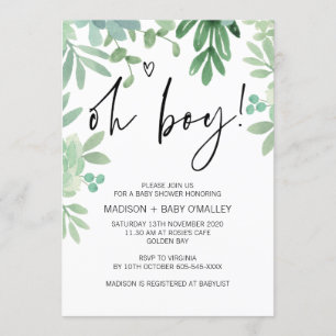 Oh Boy Baby Shower Party Greenery Succulents Invitation