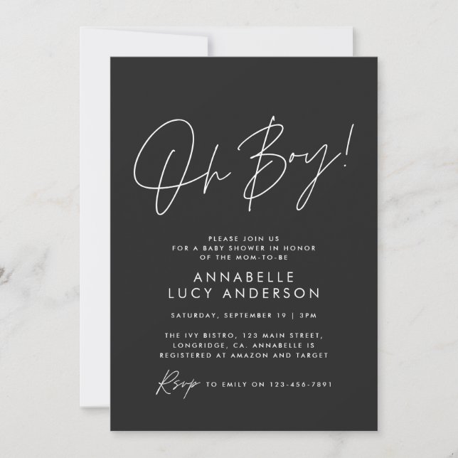 oh Boy baby shower script baby black elegant Invitation (Front)