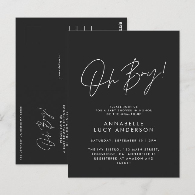 oh boy Baby shower script black elegant  Postcard (Front/Back)