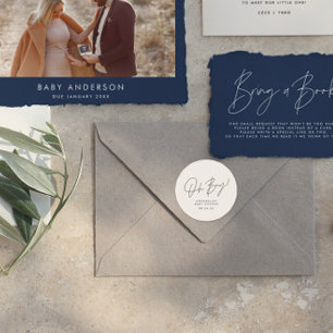 oh boy Baby shower script cream neutral elegant Classic Round Sticker