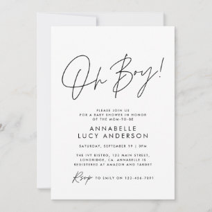 oh Boy baby shower script cream neutral elegant Invitation