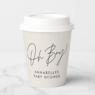 oh boy Baby shower script cream neutral elegant Paper Cups