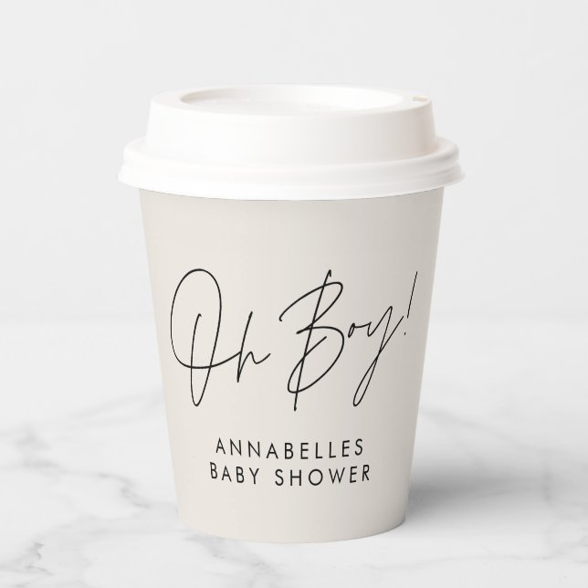 oh boy Baby shower script cream neutral elegant  Paper Cups (Front)