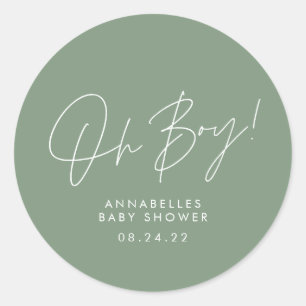 oh boy Baby shower script green elegant Classic Round Sticker