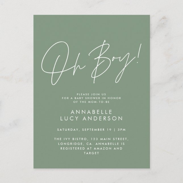 oh boy Baby shower script green elegant  Postcard (Front)