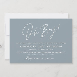 oh boy Baby shower script modern blue boho Invitation