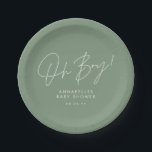 oh boy Baby shower script modern elegant  Paper Plate<br><div class="desc">oh boy Baby shower script modern sage green elegant party invitation design. Ideal gender neutral design.</div>