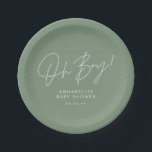 oh boy Baby shower script modern elegant  Paper Plate<br><div class="desc">oh boy Baby shower script modern sage green elegant party invitation design. Ideal gender neutral design.</div>