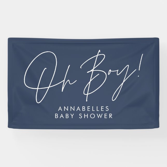 oh Boy baby shower script modern navy blue elegant Banner (Horizontal)