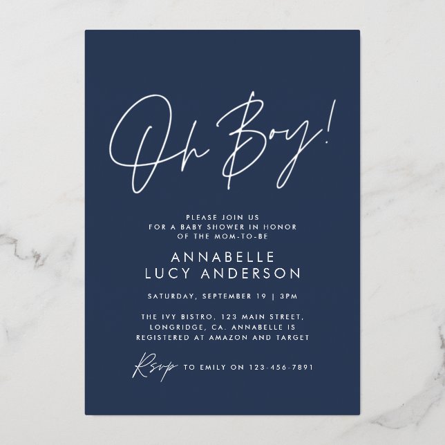 oh Boy baby shower script navy baby blue elegant (Front)