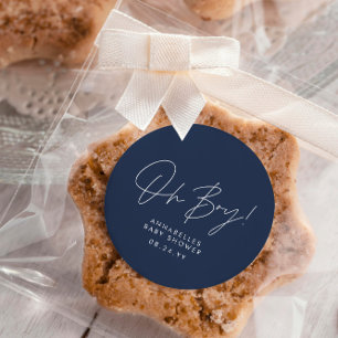 oh boy Baby shower script navy blue elegant  Classic Round Sticker