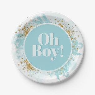 Oh Boy Baby Shower Watercolor Glitter Paper Plate