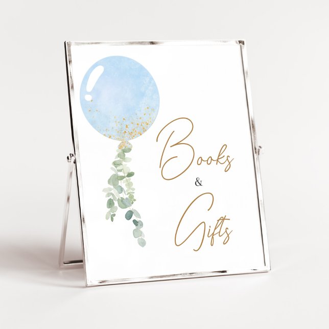 Oh Boy Balloon Baby Shower Books and Gifts Poster (Blue Balloon Eucalyptus Baby Shower Books and Gifts Sign)