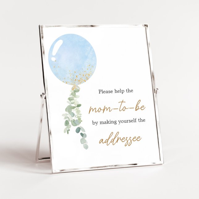 Oh Boy Balloon Baby Shower Envelope Station Poster (Blue Balloon Eucalyptus Baby Shower Envelope Station Sign)