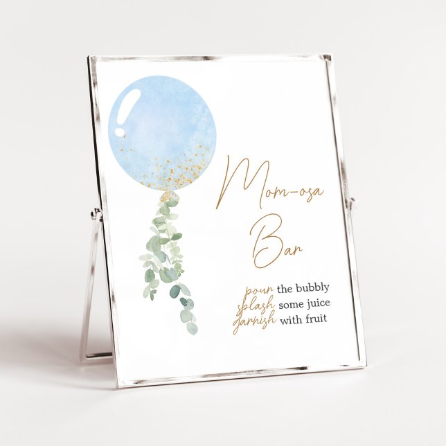 Oh Boy Balloon Baby Shower Mum Osa Bar Poster (Blue Balloon Eucalyptus Baby Shower Mom Osa Bar Sign)