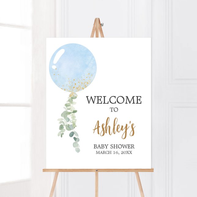Oh Boy Balloon Baby Shower Welcome Poster (Blue Balloon Eucalyptus Baby Shower Welcome Sign)