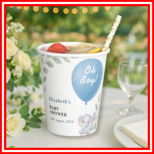 Oh Boy Balloon Elephant Eucalyptus Baby Shower Paper Cups
